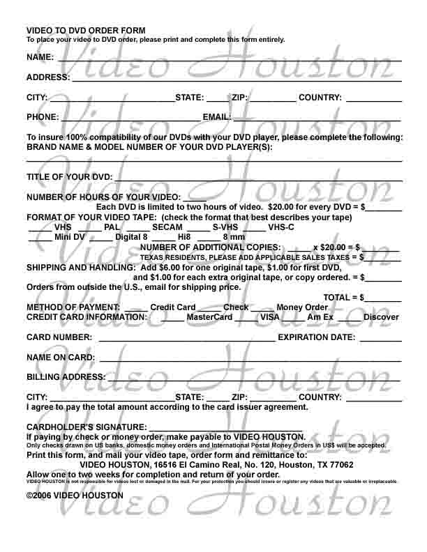 Simple Video to DVD transfer order form
